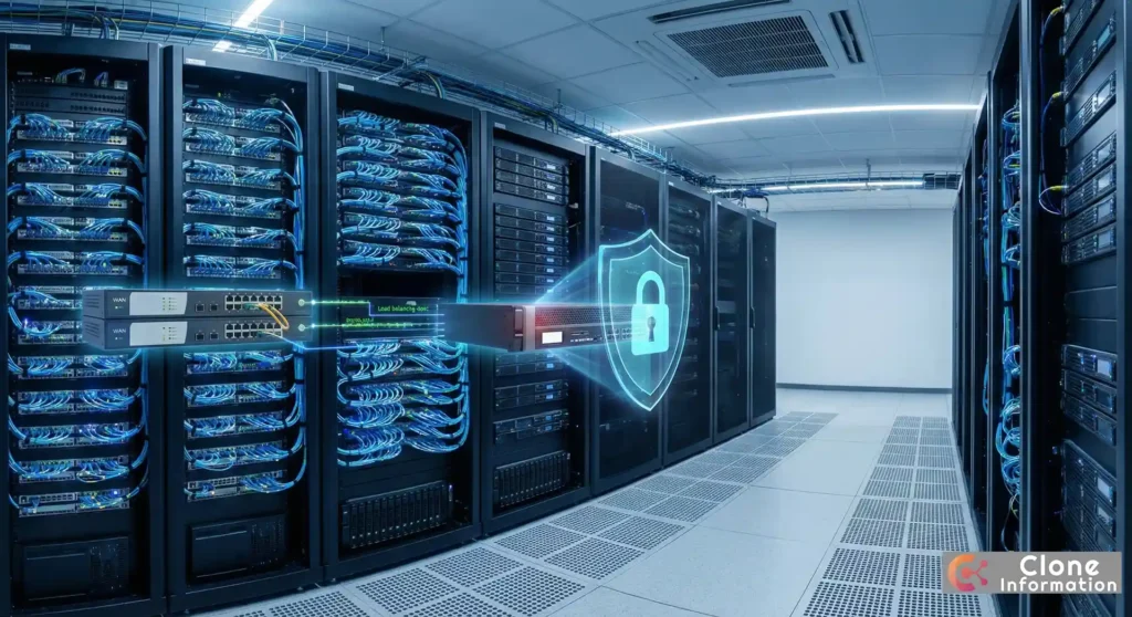 商用網路維護 機房建置圖，展示雙 WAN 備援與防火牆架構