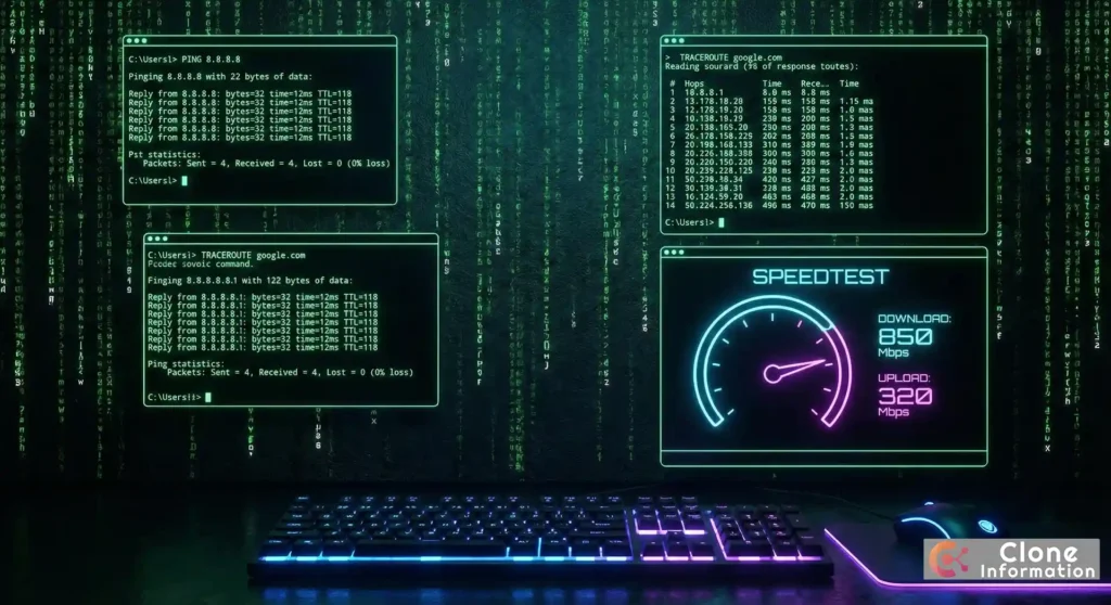 居家網路檢測 常用指令畫面，包含 Ping 與 Traceroute 測試結果