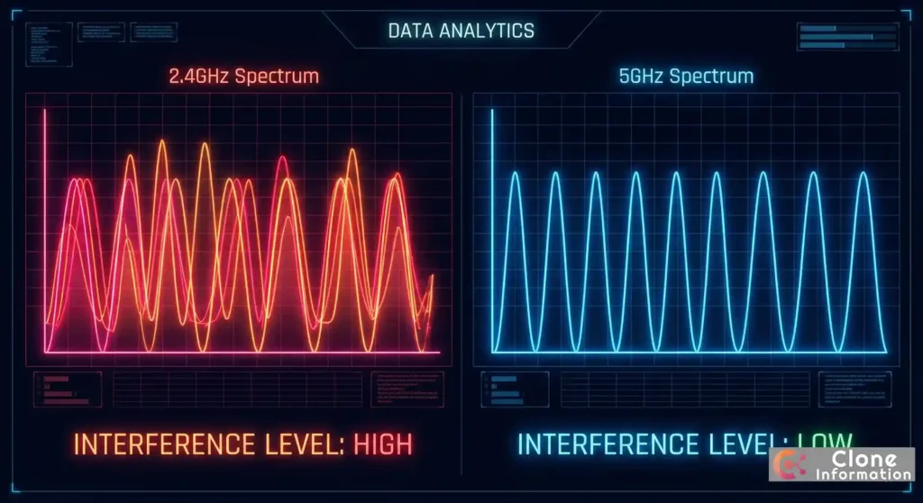 Wi-Fi 連線不穩 頻譜分析圖，對比 2.4GHz 與 5GHz 頻段干擾狀況