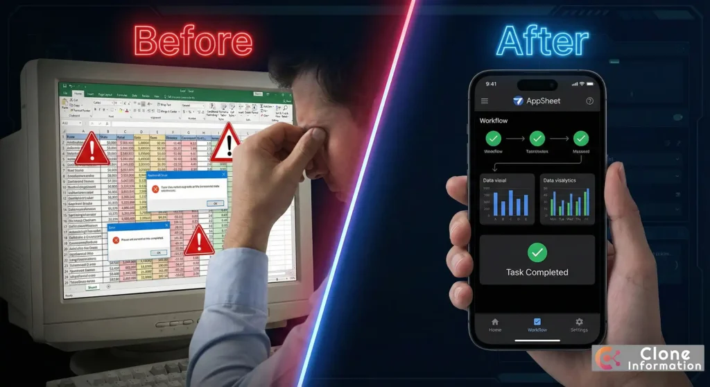 AppSheet 與傳統電子表格操作對比，展示數位化轉型效益