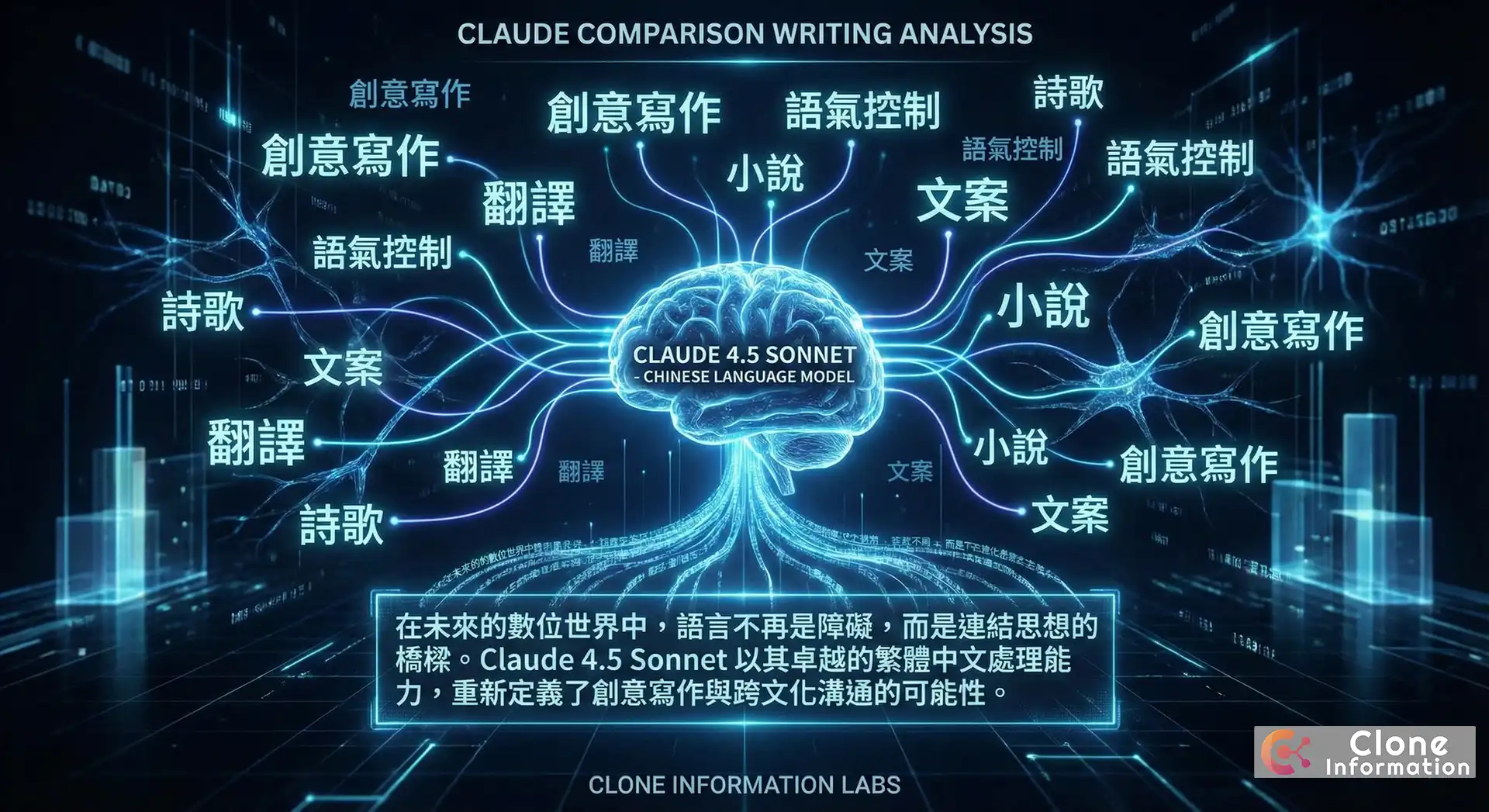 Claude 比較寫作能力分析圖，展示 Claude 4.5 Sonnet 的繁體中文處理優勢