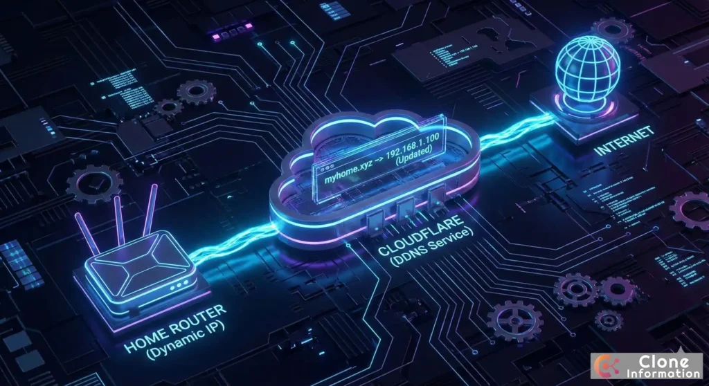 DDNS 運作原理圖，展示家中路由器如何透過動態 DNS 更新 Cloudflare 紀錄