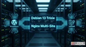 Debian 13 Trixie Nginx 多站點架設架構圖，整合 WordPress 與 Laravel