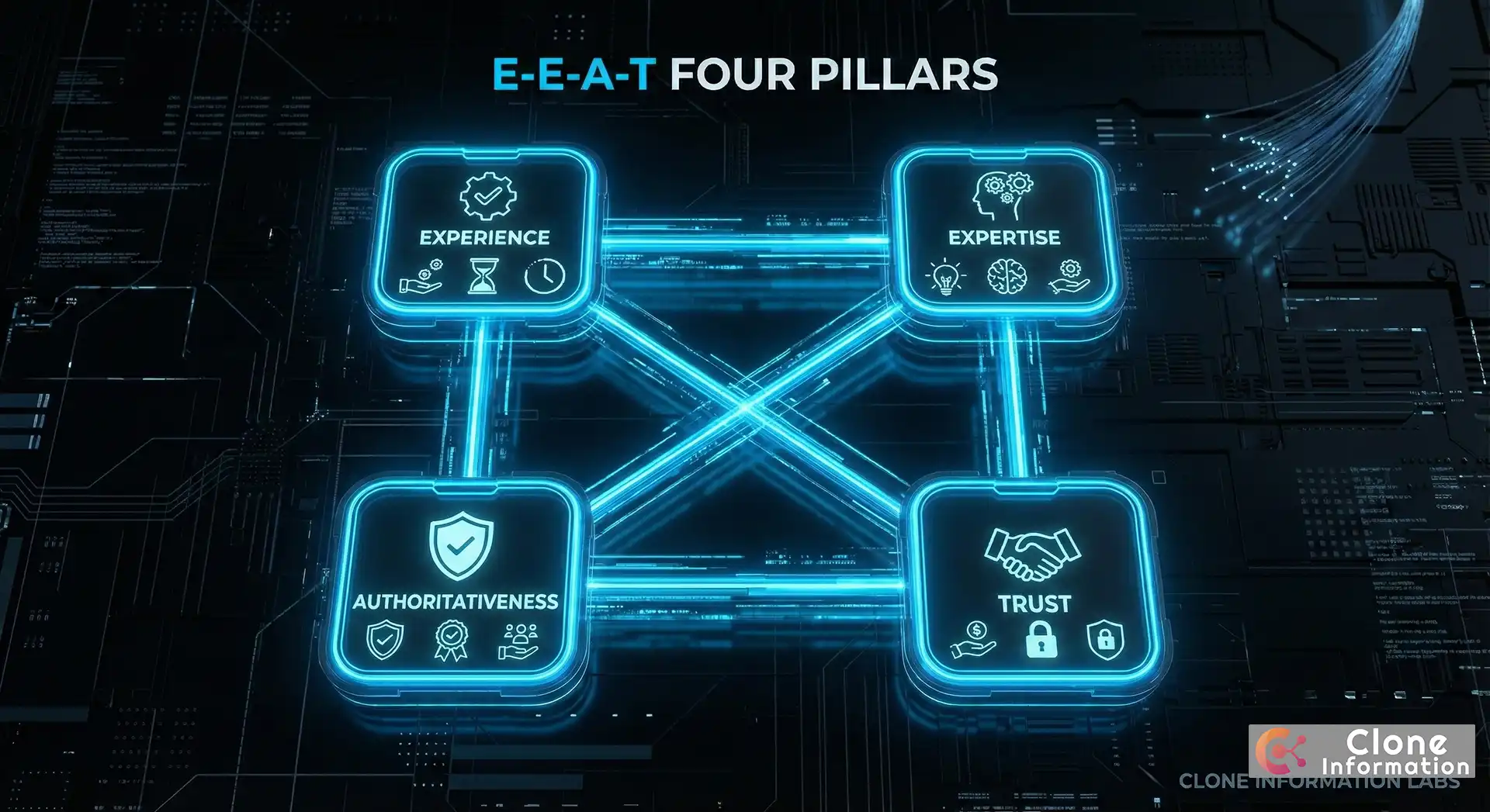 E-E-A-T 四維度架構圖，包含經驗、專業、權威、信任