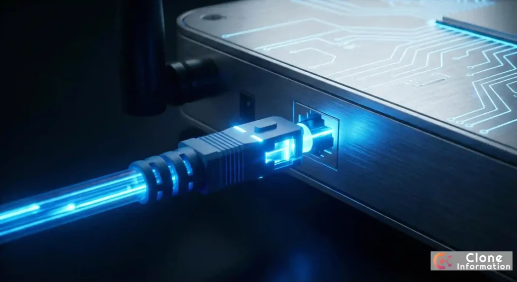 光纖網路推薦示意圖，特寫 FTTH 光纖接頭與高速路由器的連接