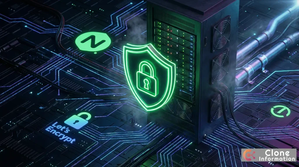 GCP Nginx 反向代理與免費 SSL 憑證設定教學封面，展示資安防護盾牌與綠色鎖頭