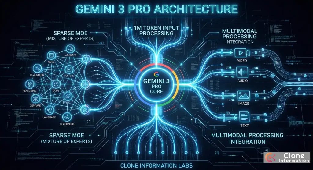 Gemini 3 Pro AI 模型核心架構圖，展示稀疏混合專家架構與多模態處理能力