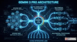 Gemini 3 Pro AI 模型核心架構圖，展示稀疏混合專家架構與多模態處理能力