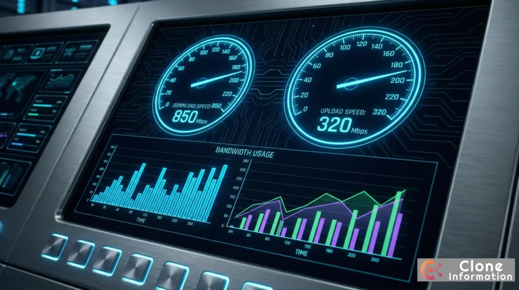 網路速度 分析儀表板，詳細列出下載、上傳與 Ping 值數據