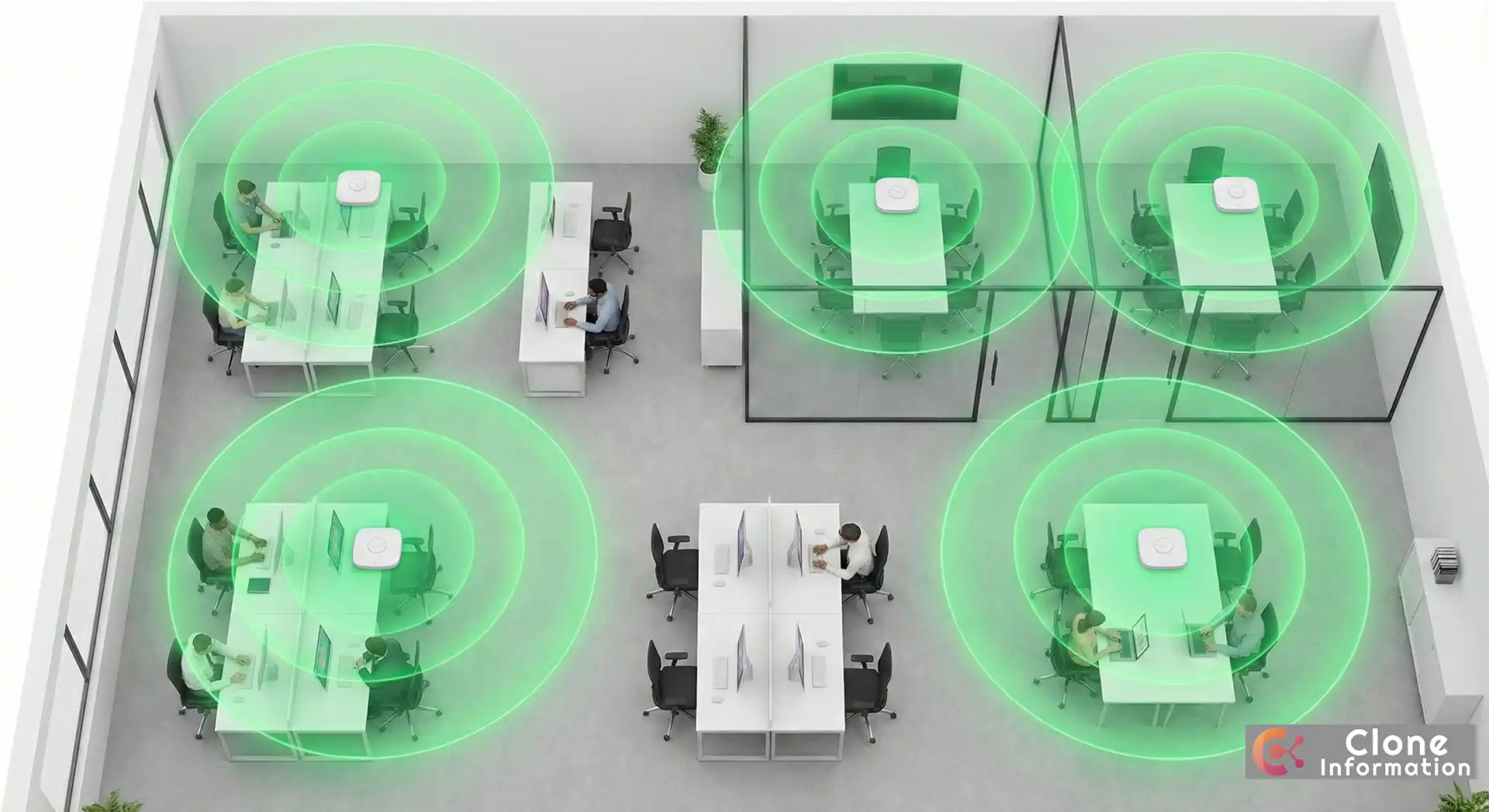 辦公室網路規劃熱圖，顯示多 AP 蜂巢式部署與訊號覆蓋範圍