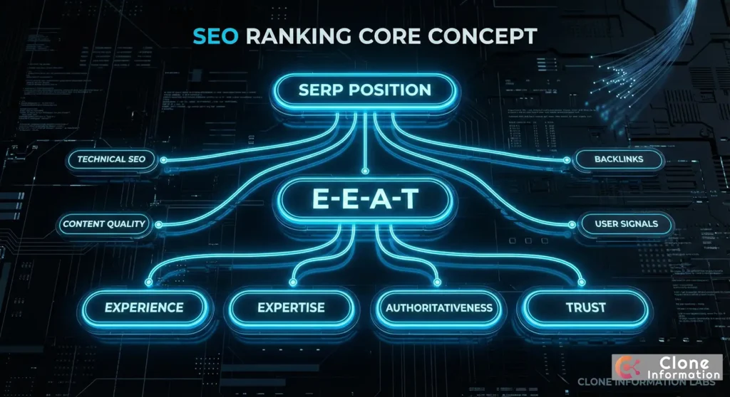 SEO 排序核心架構圖，展示 SERP 排名與 E-E-A-T 因素的關係