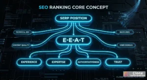 SEO 排序核心架構圖，展示 SERP 排名與 E-E-A-T 因素的關係
