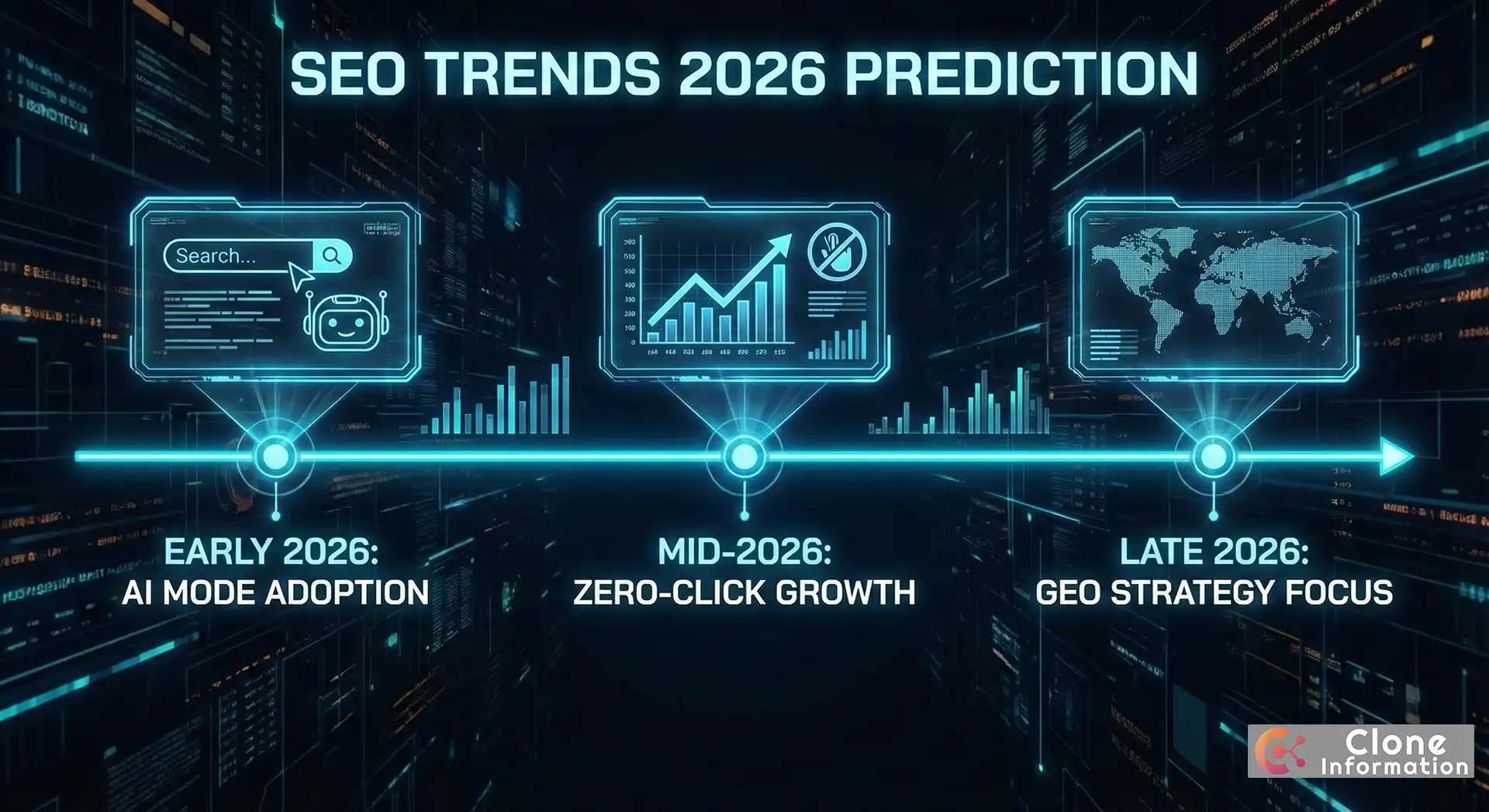 2026 SEO 趨勢預測時間軸，展示 AI 搜尋與 Zero-click 發展