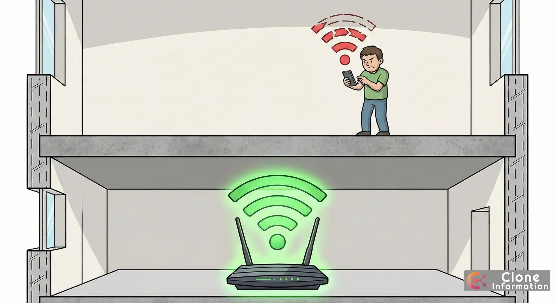 透天厝 Wi-Fi 訊號死角示意圖，展示鋼筋混凝土 (RC) 樓板阻隔無線訊號導致二三樓網速衰減與斷線