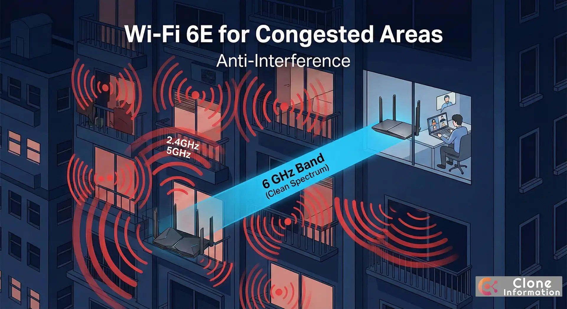 擁擠的都會辦公室環境，使用 Wi-Fi 6E 路由器避開訊號干擾。