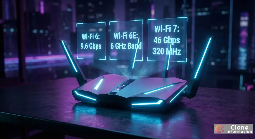 2026 Wi-Fi 選擇指南封面圖，展示未來感路由器與 Wi-Fi 6, 6E, 7 規格全息投影。