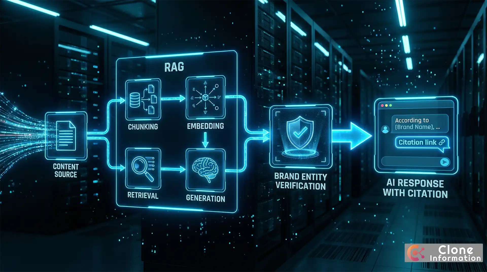 AI 引用機制流程圖，展示內容從被抓取到生成引用的完整過程