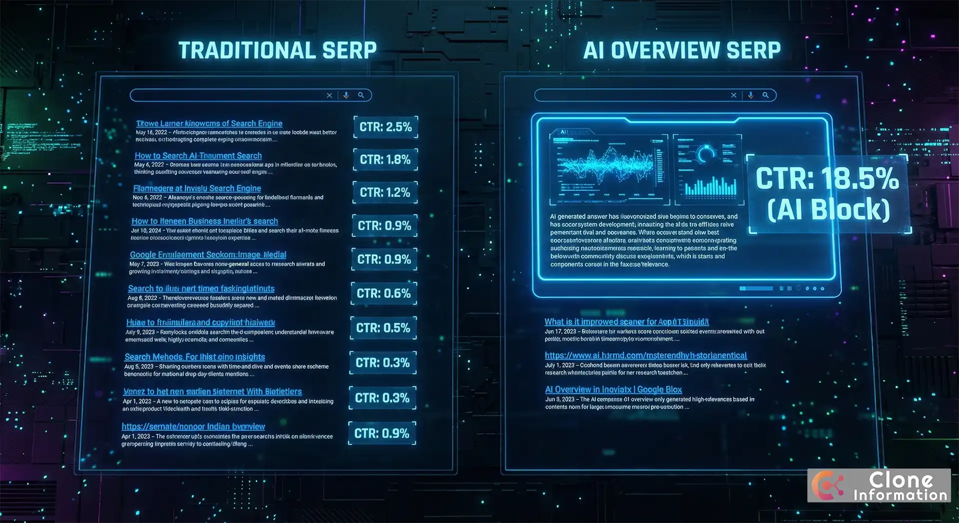 AI Overview 對搜尋結果頁面的影響示意圖,展示傳統排名與 AI 答案框的 CTR 變化