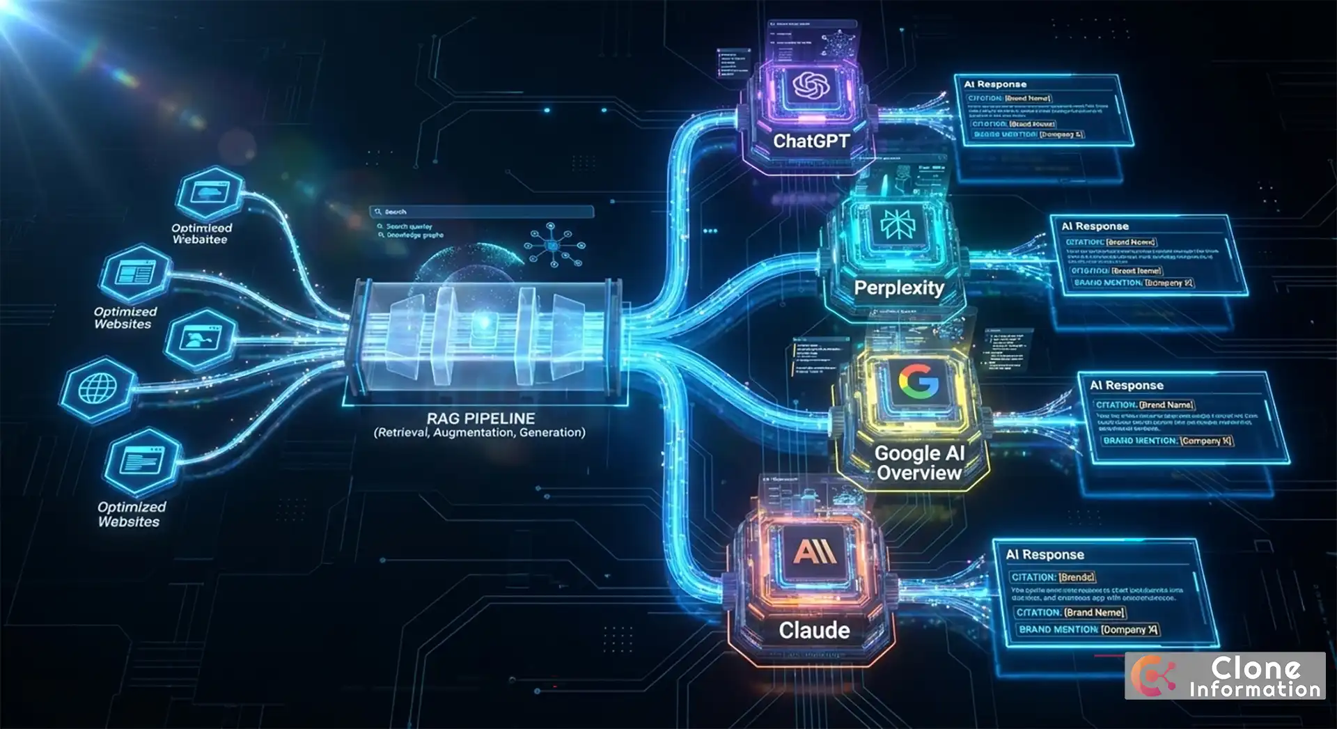 AI 搜尋生態系統圖,展示 ChatGPT、Perplexity、Google AI Overview 等平台如何引用網站內容