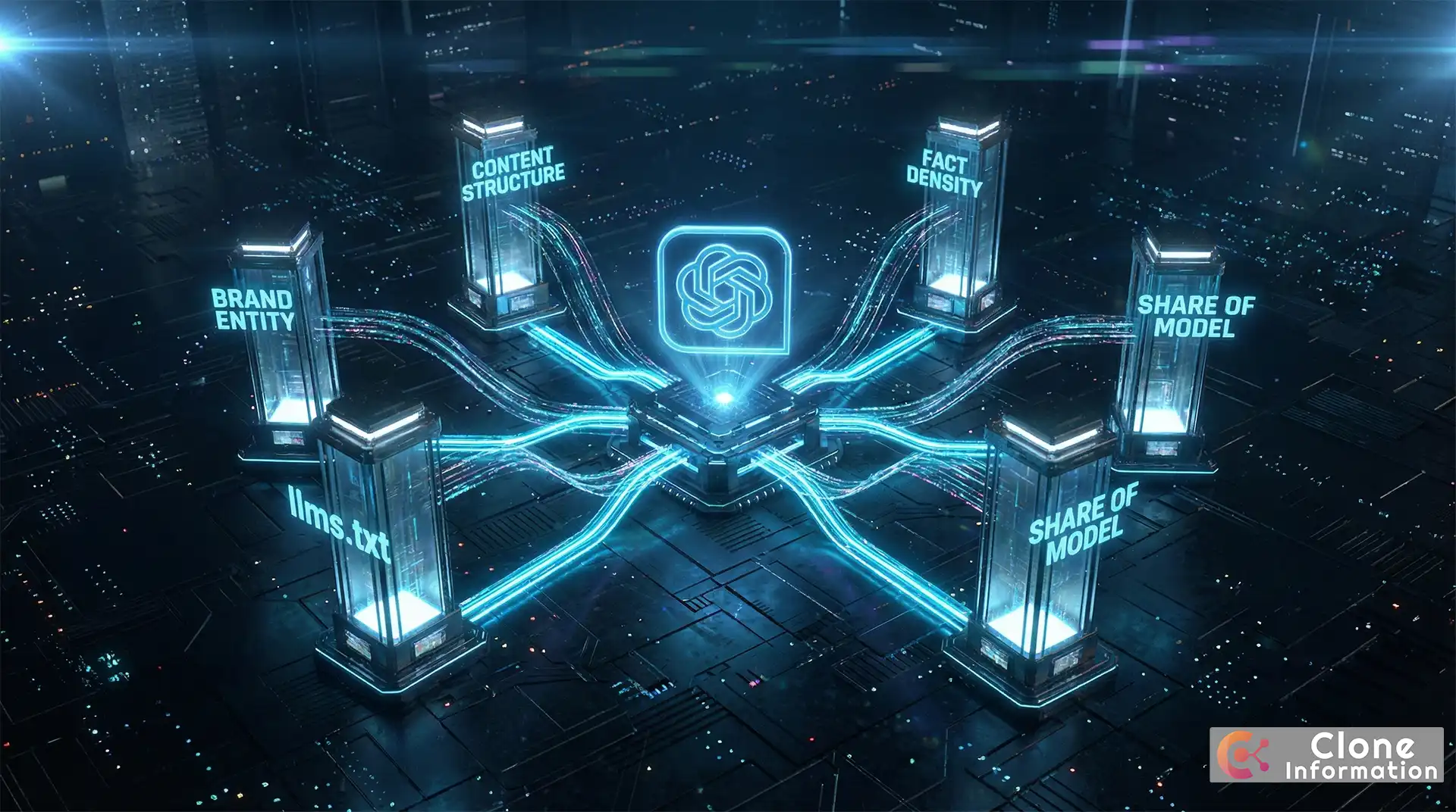 ChatGPT 引用優化策略圖，展示品牌實體、內容結構、事實密度等五大核心策略