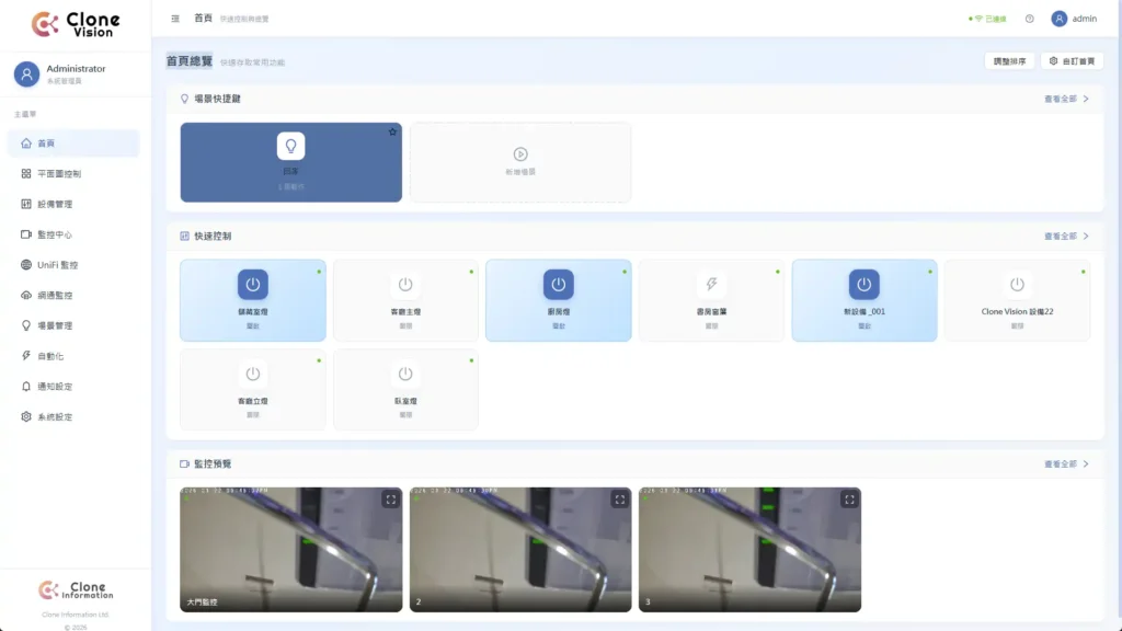 本地化智慧家庭智慧建築管理平台網頁版介面，展示高度客製化的儀表板佈局，包含監控預覽與設備控制卡片