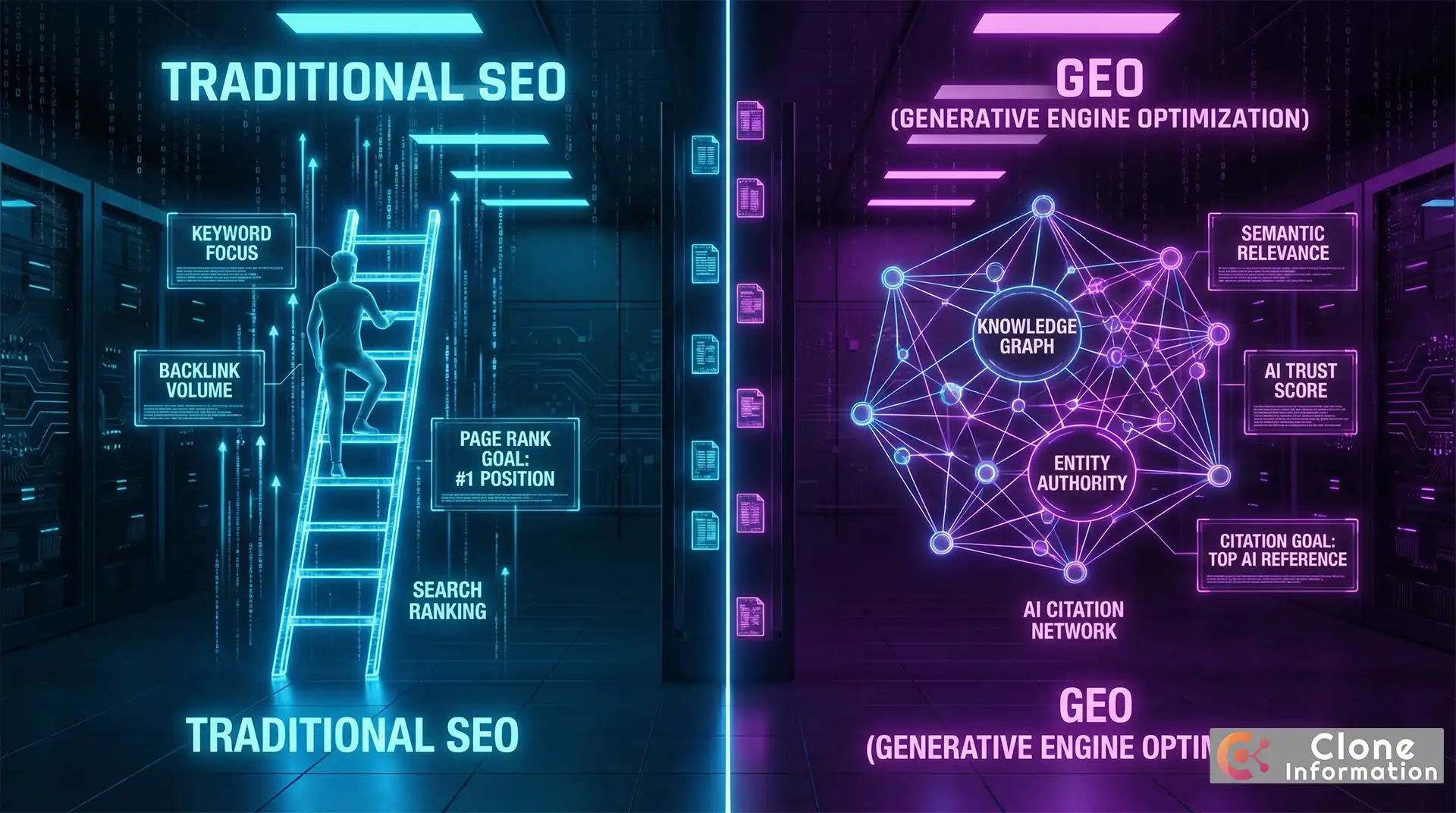 生成引擎優化與傳統 SEO 比較圖，展示目標、指標與策略的本質差異