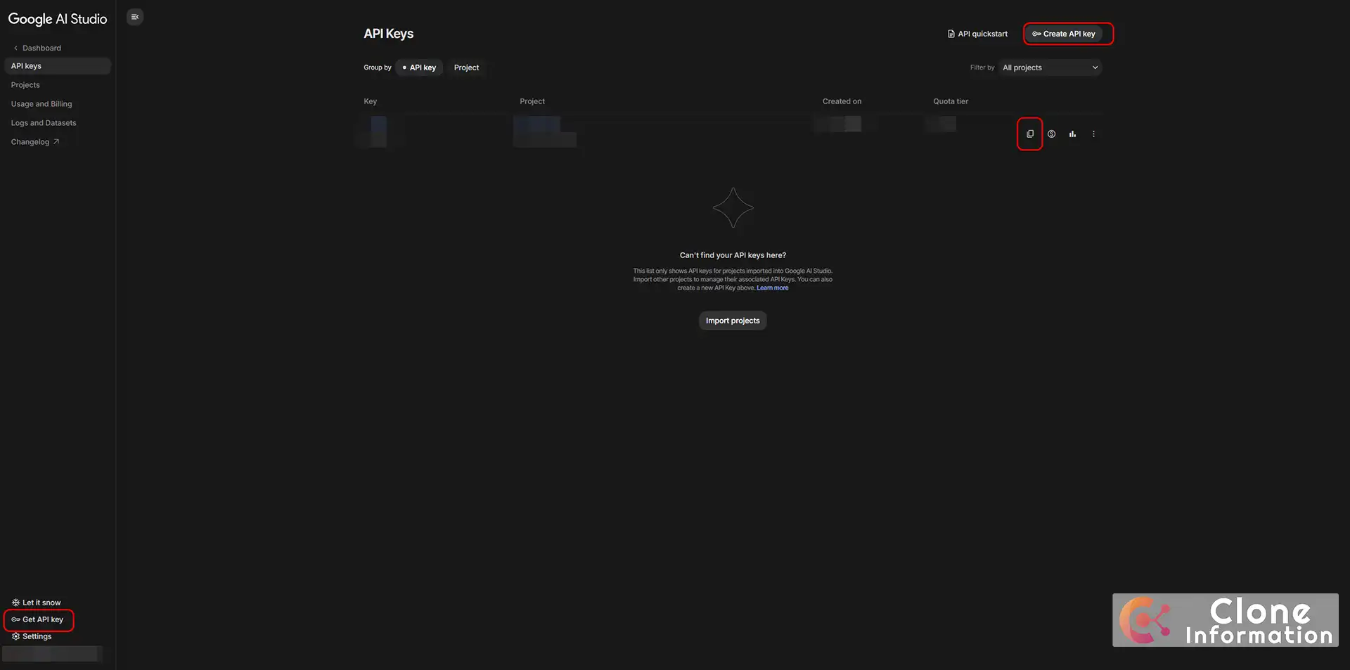 Google AI Studio 介面，紅色框選處展示 Create API key 按鈕與複製金鑰的位置