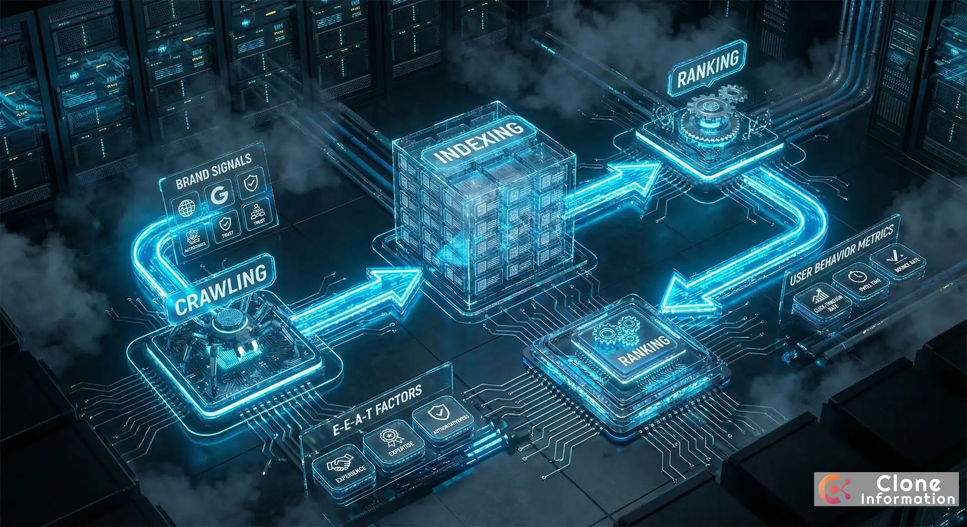 Google 演算法運作流程圖,展示爬取、索引、排名三階段與品牌信號評估