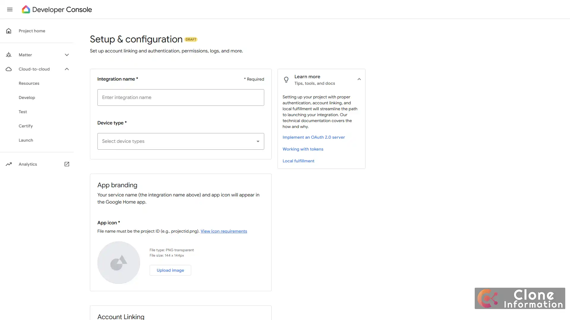 自製 Google Home 裝置的第一步：Google Home Developer Console 的 Cloud-to-cloud 設定頁面，顯示 Integration name、Device type 與 App branding 設定欄位