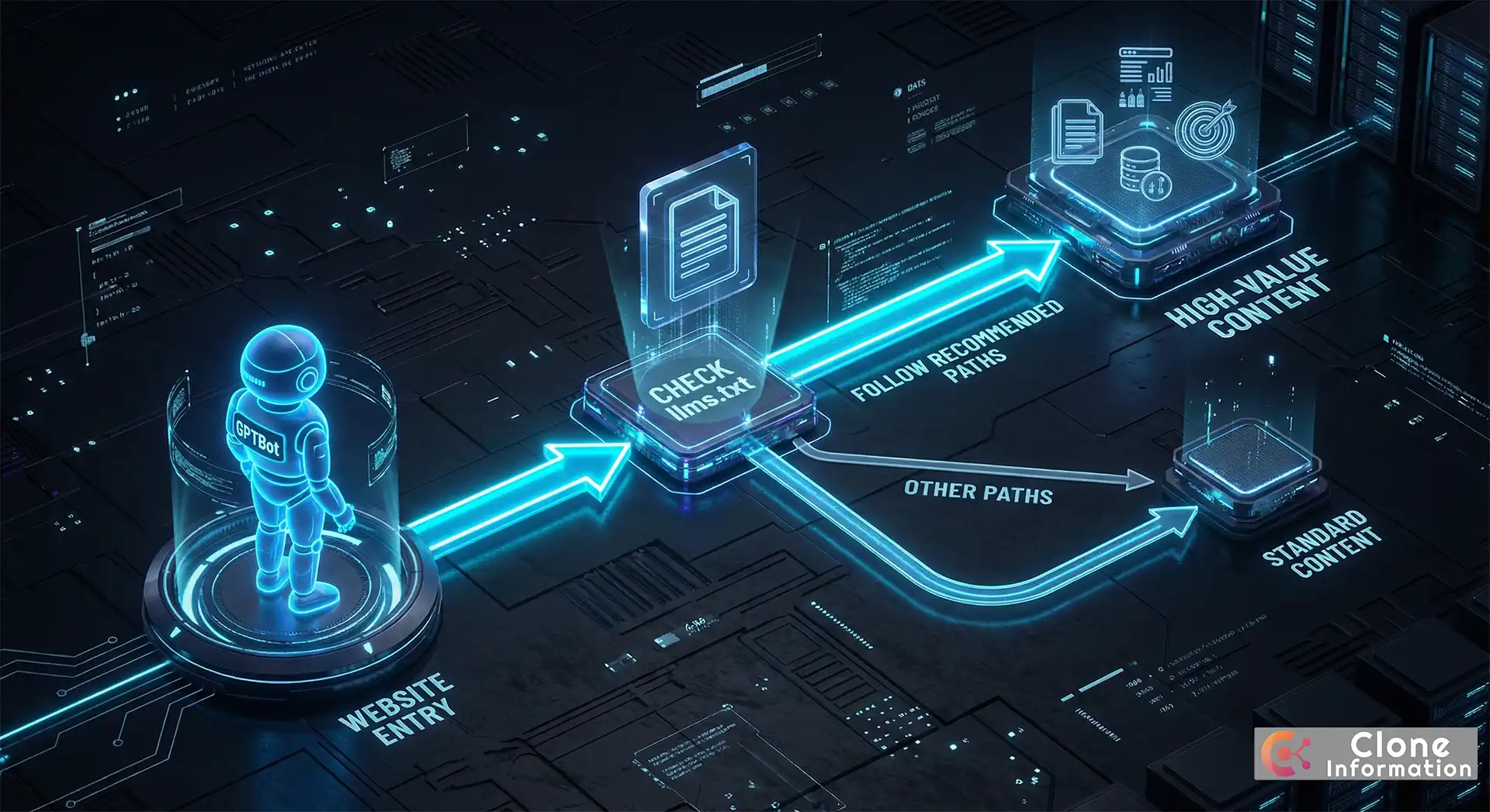 GPTBot 抓取流程圖，展示從進入網站到讀取 llms.txt 再到抓取內容的完整流程