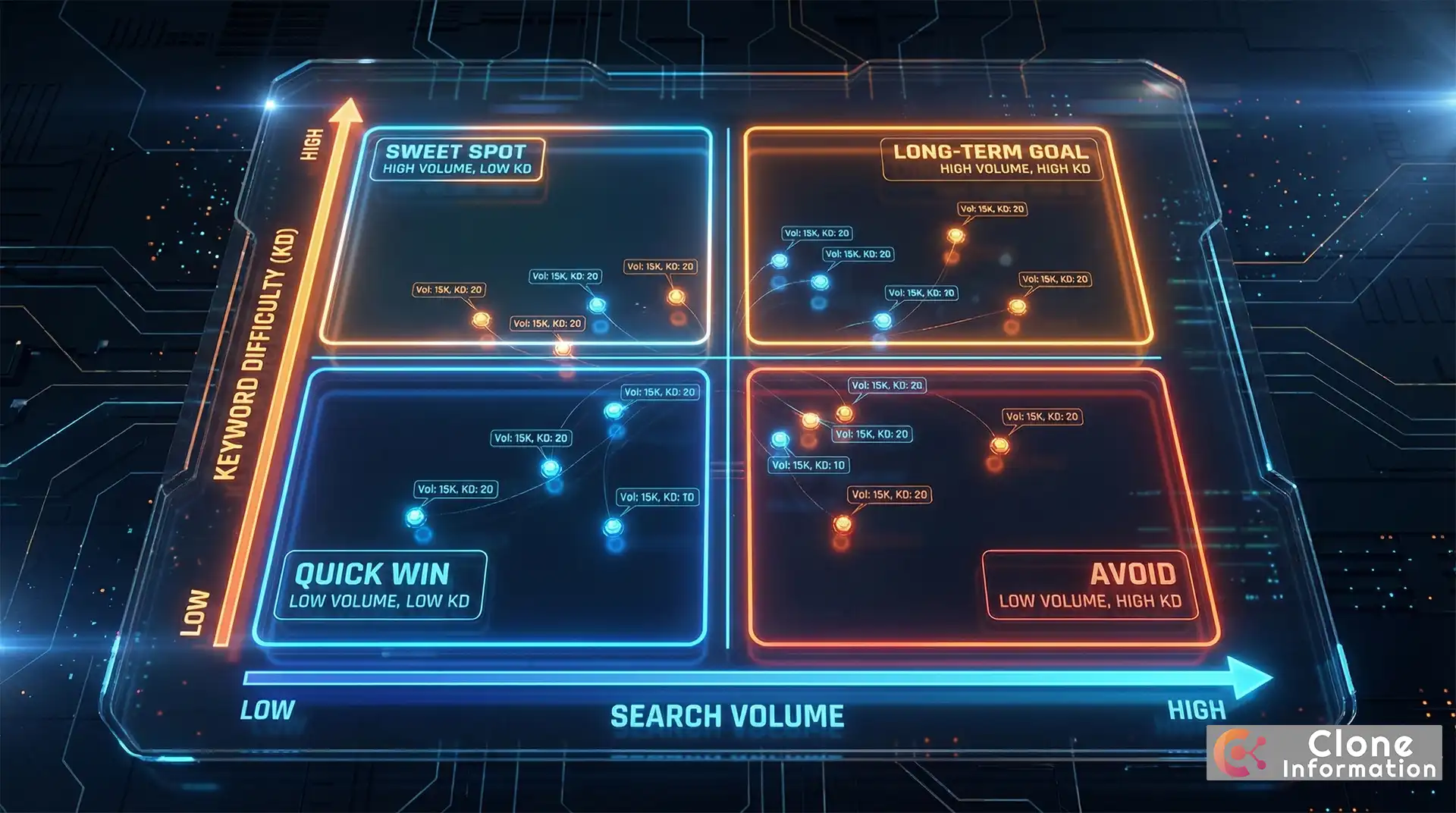 關鍵字策略四象限分析圖,展示流量與 KD 組合的策略選擇