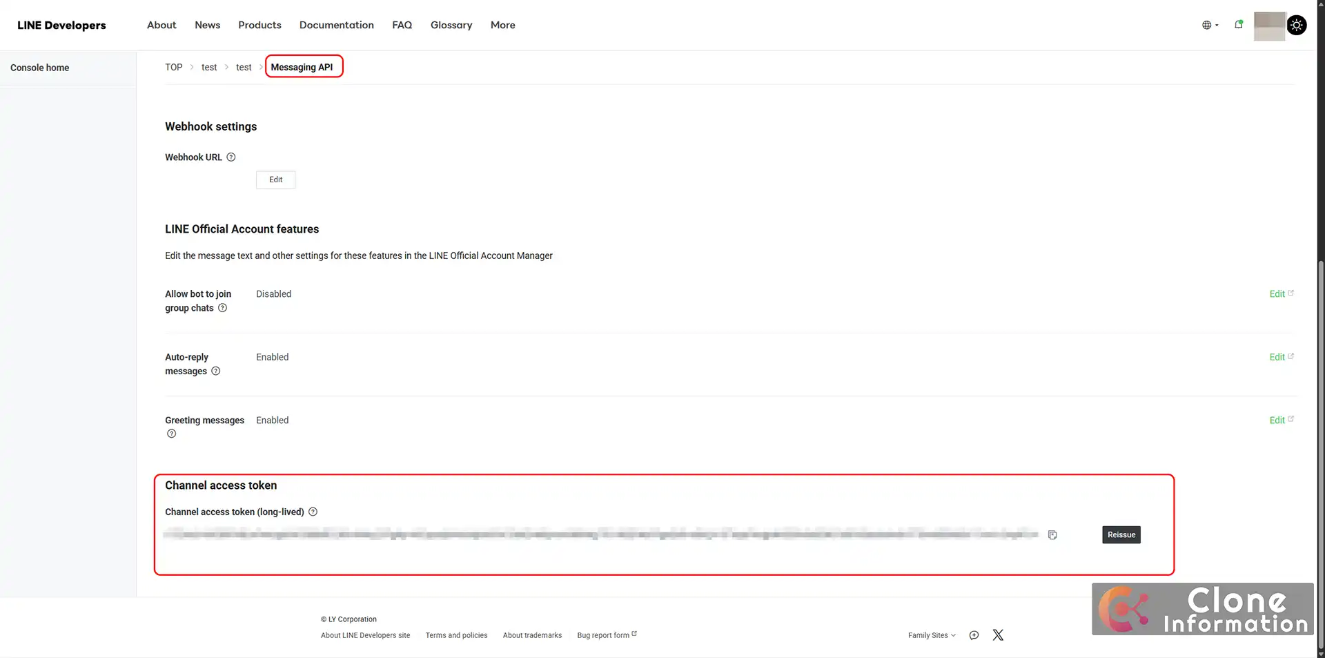 LINE Developers Console Messaging API 分頁介面，紅色框選處展示 Channel access token 取得位置