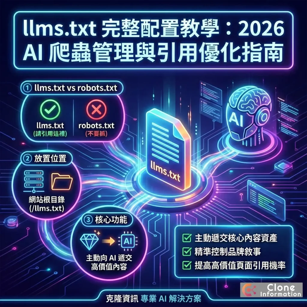 llms.txt 核心概念圖，展示 AI 爬蟲如何讀取並遵循 llms.txt 的內容指引