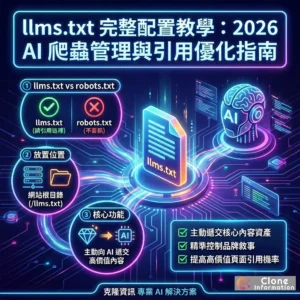 llms.txt 核心概念圖，展示 AI 爬蟲如何讀取並遵循 llms.txt 的內容指引
