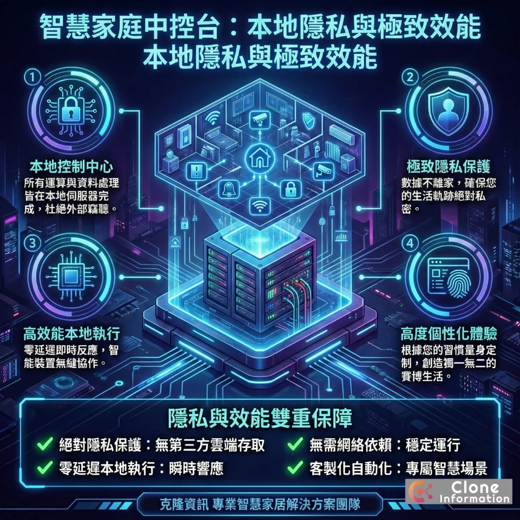 本地化智慧家庭系統概念圖展示整合監控與 IoT 設備