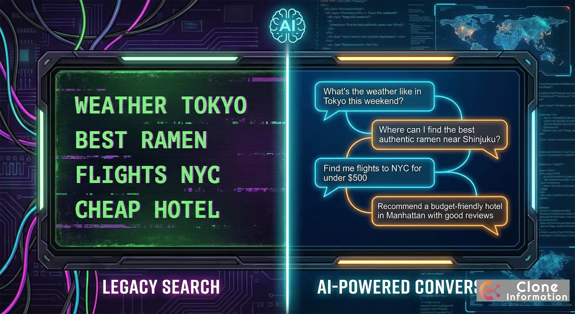 長尾關鍵字查詢演變圖,展示從關鍵字片段到對話式查詢的轉變