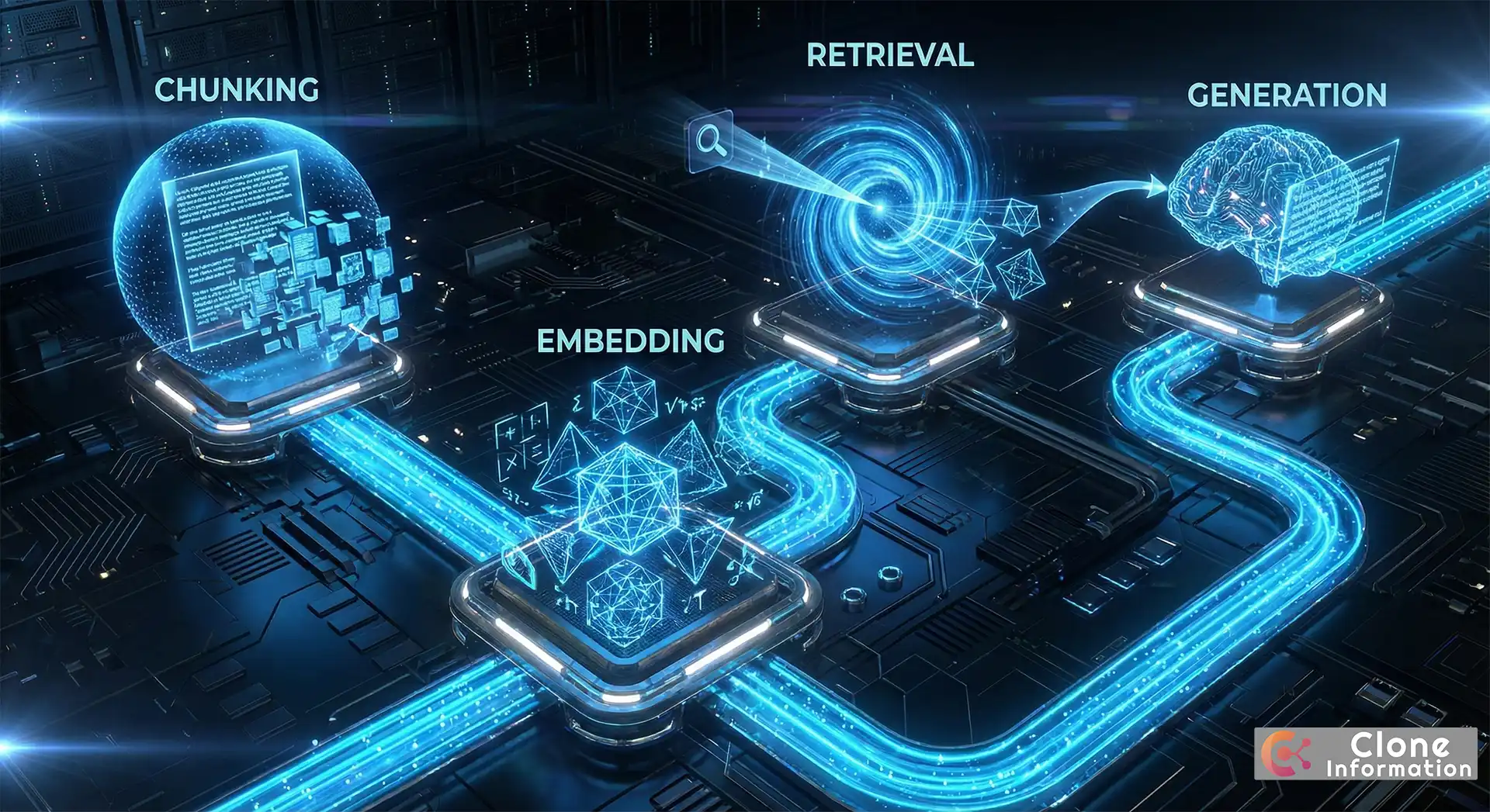 RAG 機制四步驟圖,展示分塊、嵌入、檢索、生成的 AI 搜尋處理流程