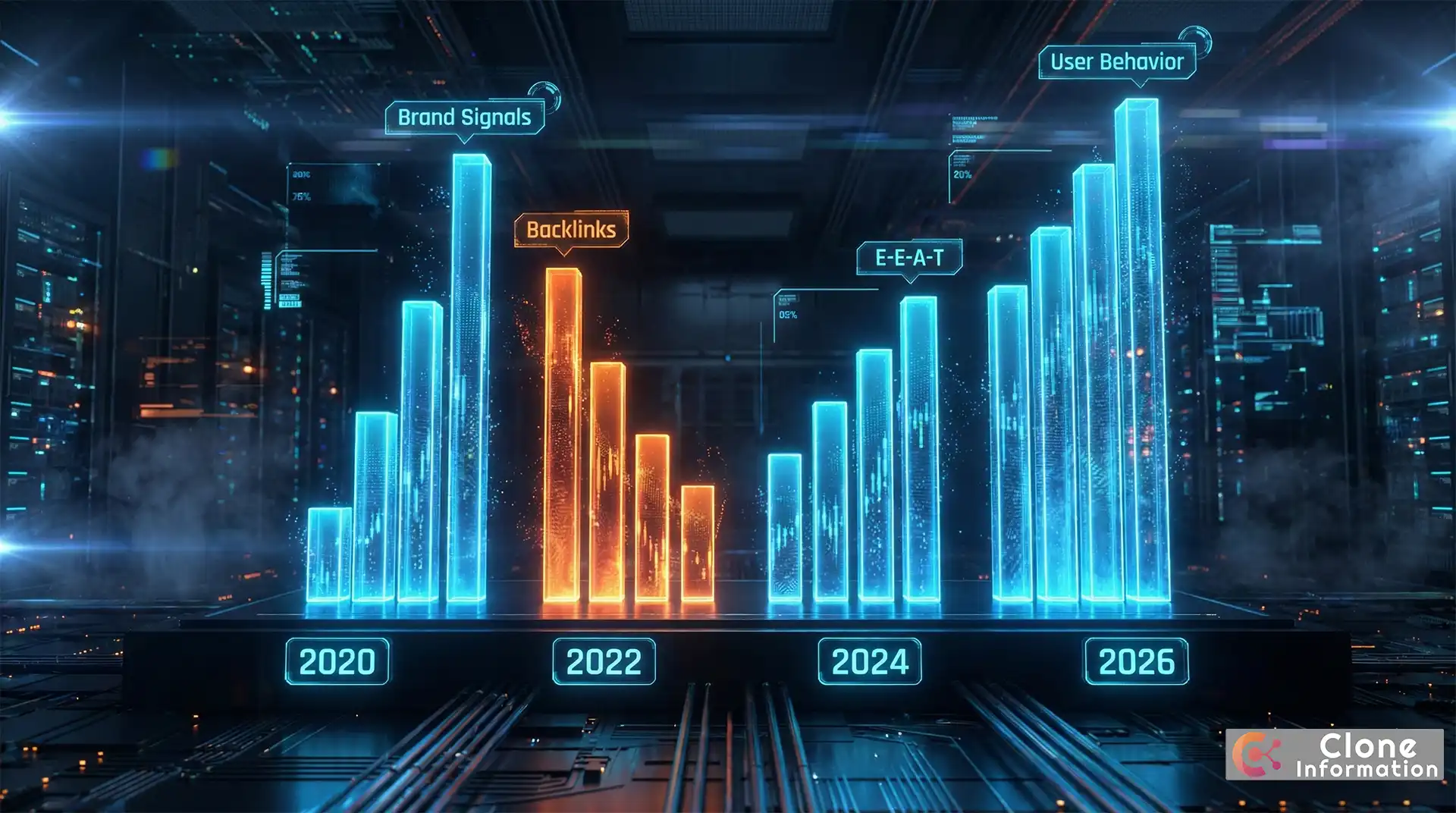 排名因素權重變化圖,展示 2020-2026 年品牌信號上升、反向連結下降的趨勢