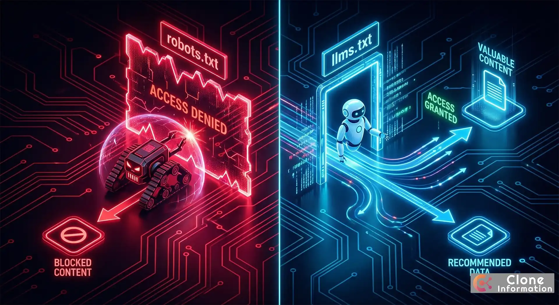 robots.txt 與 llms.txt 功能比較圖，展示防禦性與主動性的差異