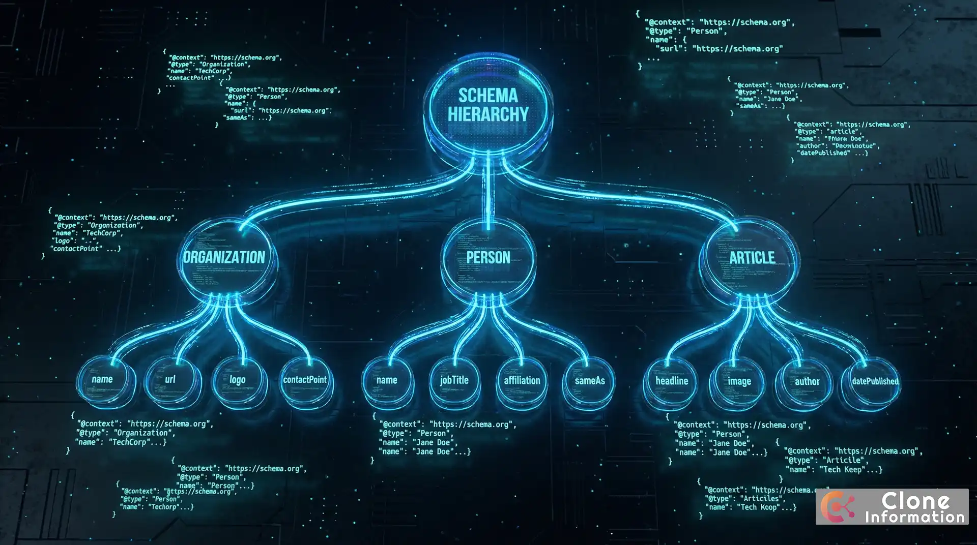 Schema Markup 嵌套結構示意圖，展示 Organization、Person、Article 三層實體關係