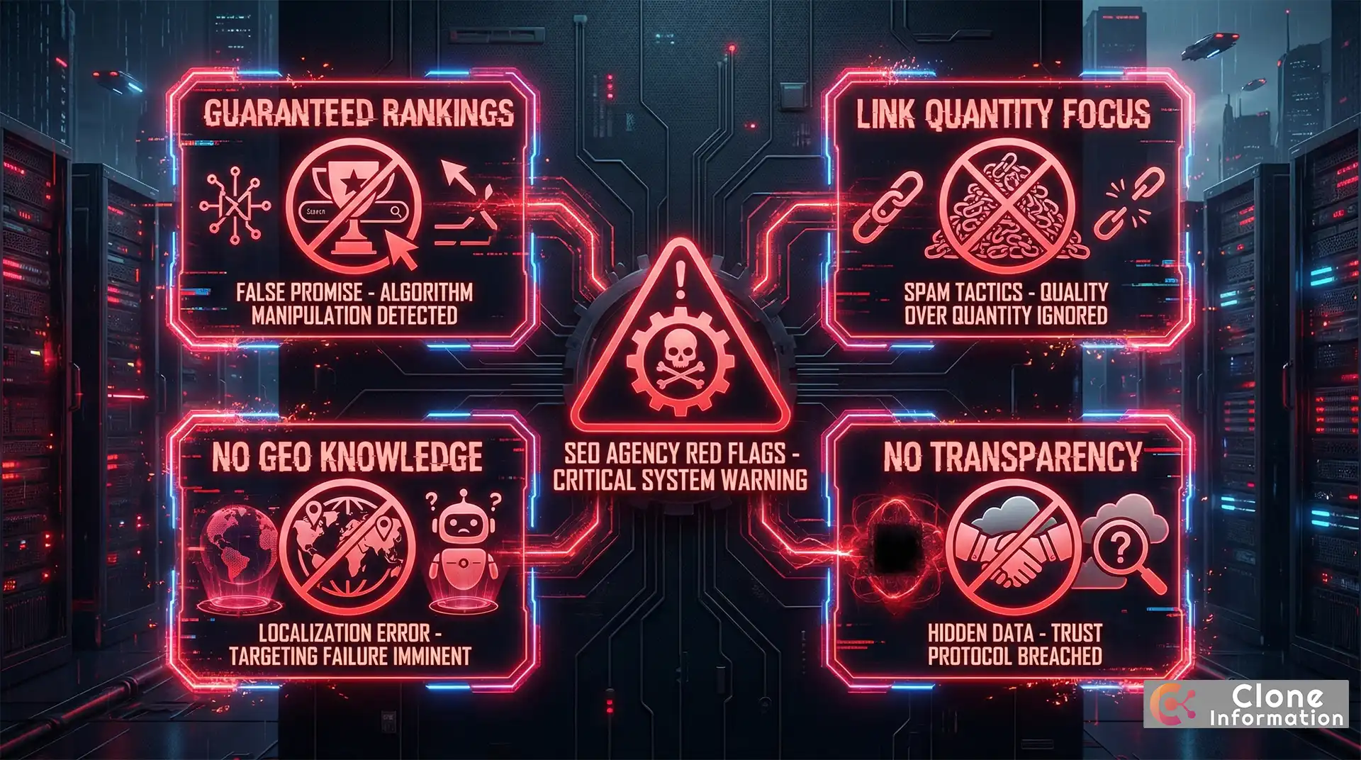 SEO 代理商紅旗警示圖，展示保證排名、只談連結、不懂 GEO、缺乏透明度四大警示信號