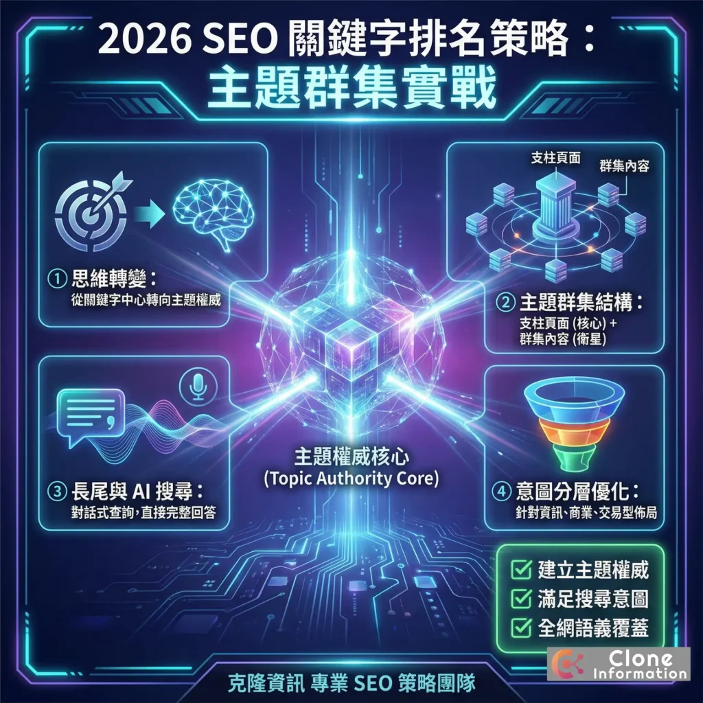 SEO 關鍵字排名核心概念圖,展示從關鍵字中心到主題權威的策略演變