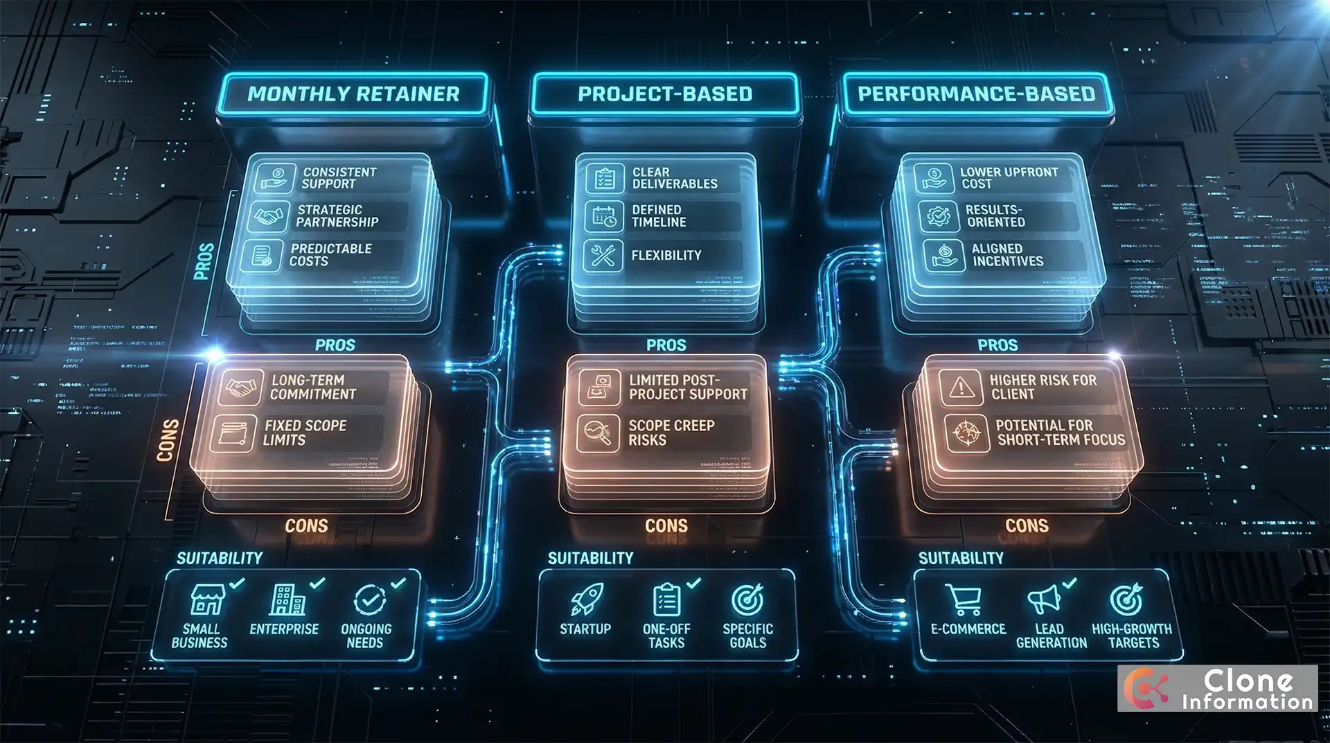 SEO 外包服務模式比較圖，展示月費顧問、專案制、成效計費三種模式的優缺點