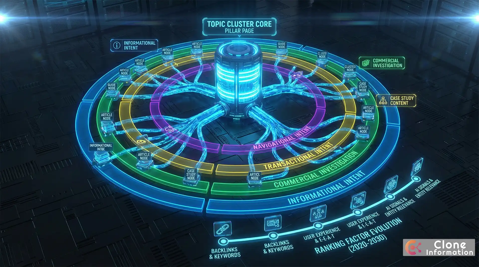 SEO 排序與關鍵字排名策略圖,展示主題群集架構與搜尋意圖分層的完整策略