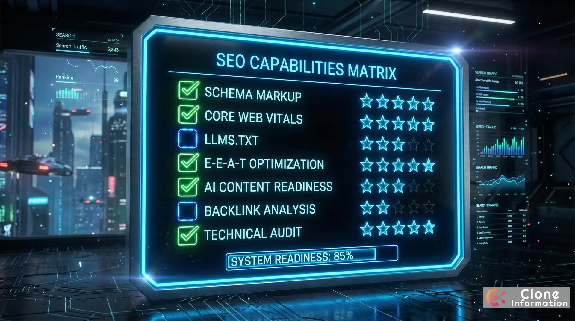 SEO 服務能力檢查清單圖，展示技術、內容、品牌三類必備能力項目