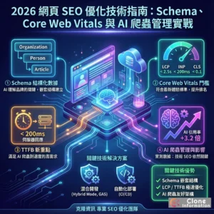 網頁 SEO 優化核心架構圖，展示 Schema、效能、爬蟲管理三大技術支柱的連接關係