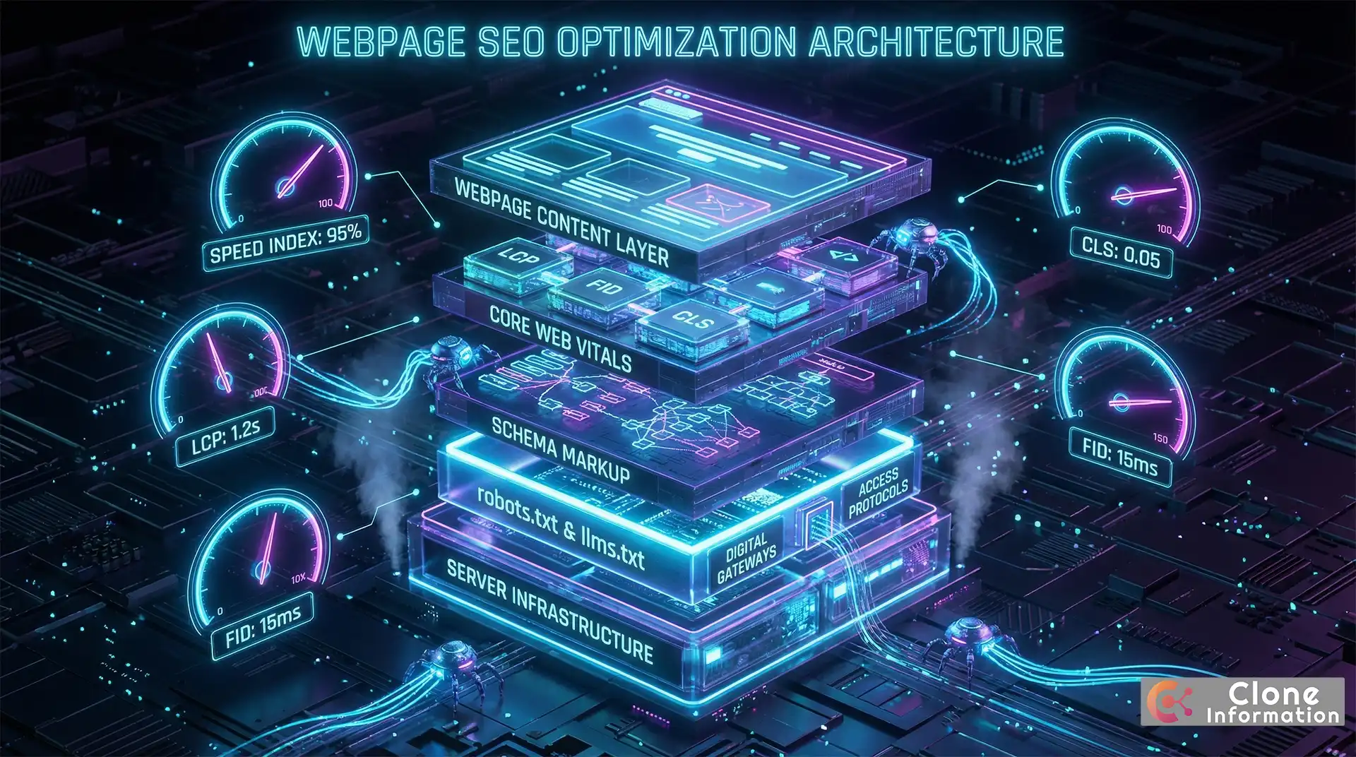 網頁 SEO 優化技術架構圖,展示 Schema、Core Web Vitals、llms.txt 等技術層的完整配置