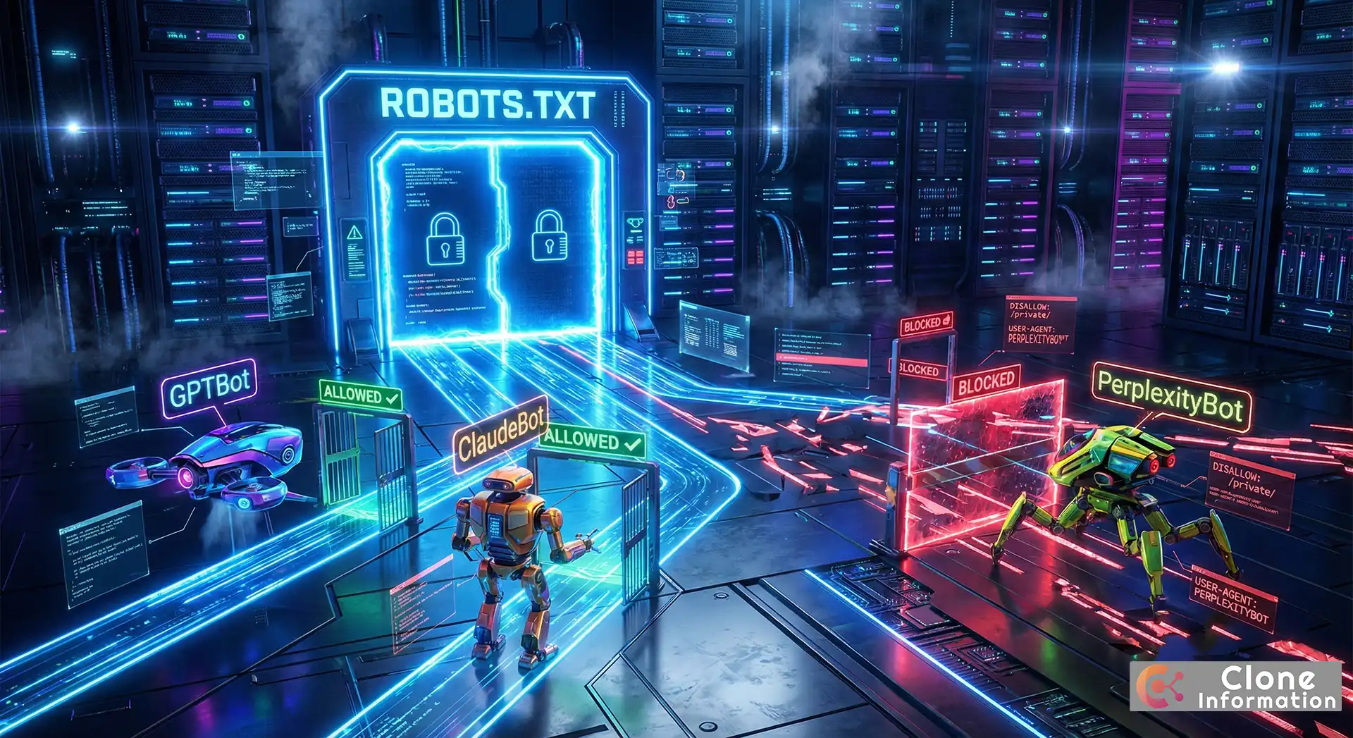 網站優化 AI 爬蟲管理示意圖，展示 GPTBot、ClaudeBot 等爬蟲的存取路徑控制